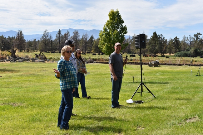 Four people stand in grassy meadow with black cattle grazing in background.