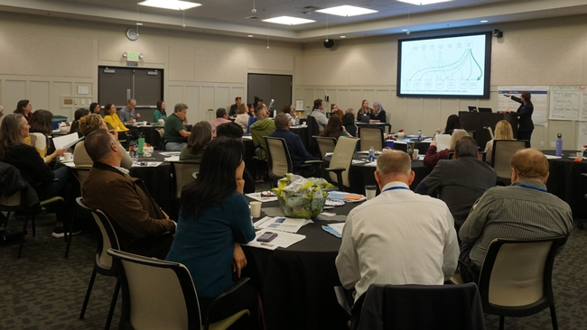 People gathered at tables watching a presentation