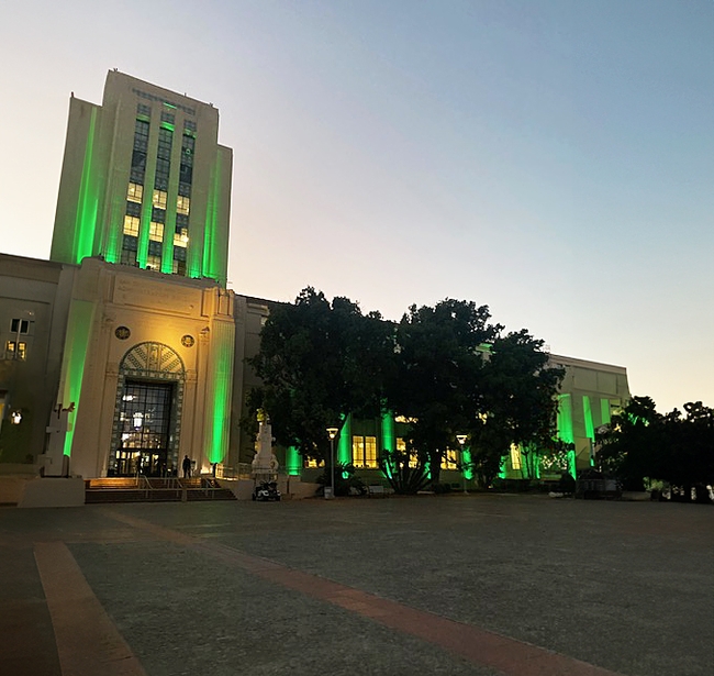 In San Diego County, the County Administration Center was lit in 4-H's iconic green color. Photo by Rebecca Manzo