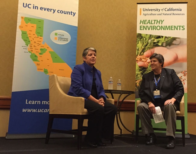 President Janet Napolitano and VP Glenda Humiston fielded questions from UC ANR members.