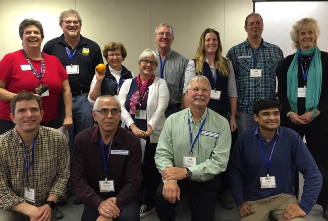 The Newsmakers Seminar participants were, from left, front row: Maurice Pitesky, Themis Michailides, Jeff Mitchell and Tapan Pathak. Back row, Glenda Humiston, Jeff Dahlberg, Beth Grafton-Cardwell, Rose Hayden-Smith, Bob Hutmacher, Lindsay Jordan, Toby O'Geen and Alison Van Eenennaam.