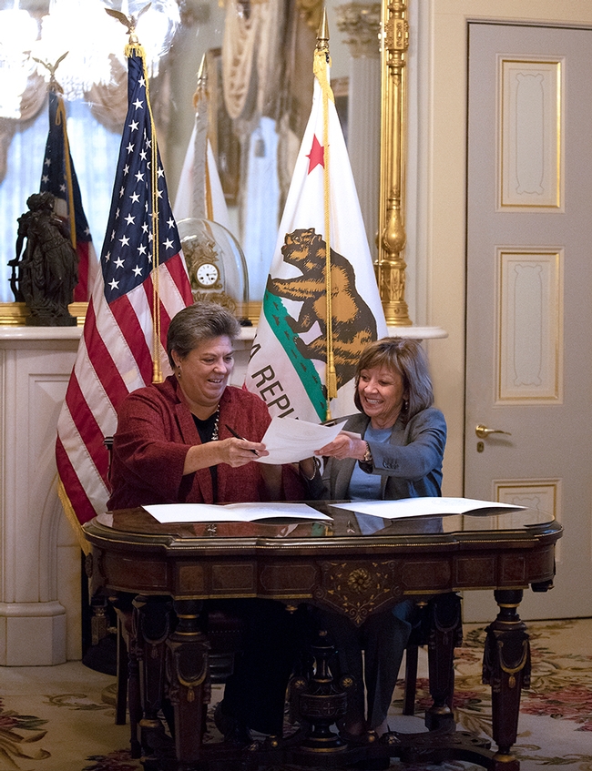 Glenda Humiston, left, and CDFA Secretary Karen Ross form ANR-CDFA partnership to advance climate-smart agriculture in California. Photo by Evett Kilmartin