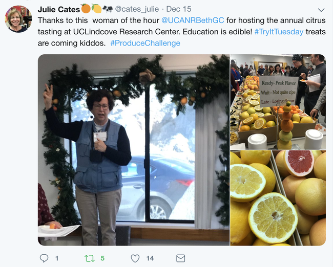 Julie Cates, former ANR nutrition educator, tweeted from the citrus tasting.