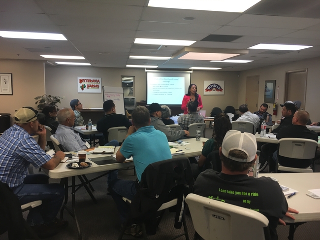 Maria Alfaro, UC IPM pesticide safety education trainer, leads a train the trainer workshop.