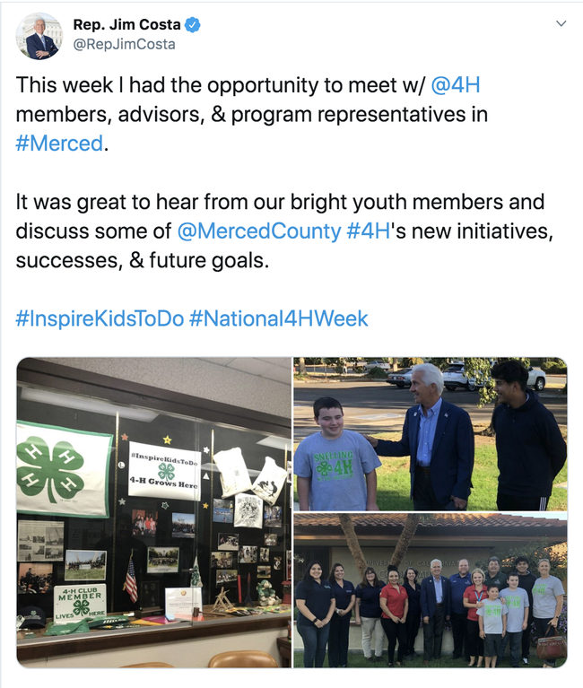 Congressman Jim Costa tweeted about his visit to UCCE and 4-H in Merced County