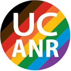 Circle containing the letters UC ANR on a background of rainbow-colored stripes.