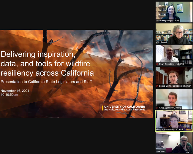 Delivering inspiration, data, and tools for wildfire resiliency across California. Image of flames on a landscape. Om the right is gallery of Zoom participants.