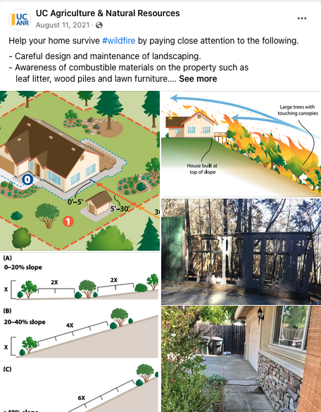 Help your home survive #wildfire by paying close attention to the following. - Careful design and maintenance of landscaping.- Awareness of combustible materials on the property such as leaf litter, wood piles and lawn furniture.- Incorporation of fire- and ember-resistant construction materials.Complete guide  https://bit.ly/2VQ73SIIllustrations show defensible space and how fire moves up a hillside.