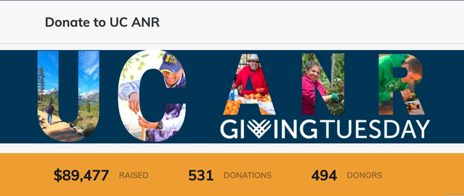 Donate to UC ANR GivingTuesday RAISED: $89,477DONATIONS: 531DONORS: 494