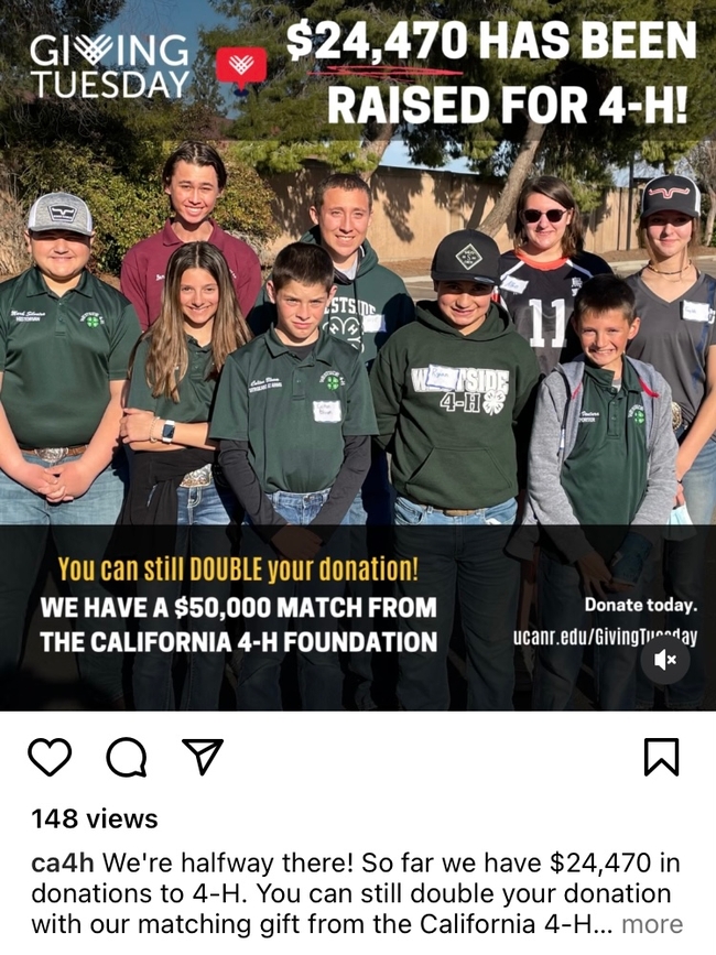 $24,470 has been raised for 4-H! You can still double your donation. We have a $50,000 match from the California 4-H Foundation.