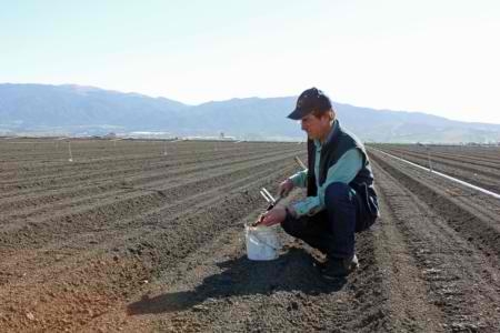 Richard Smith tests nitrogen levels in soil out in a field.