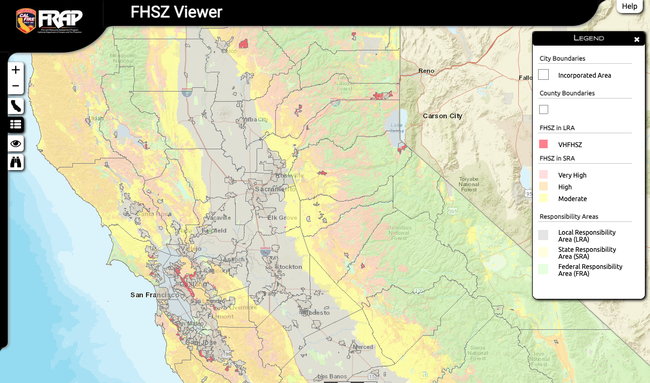 Map showing Central California's color-coded zones of fire hazard severity.