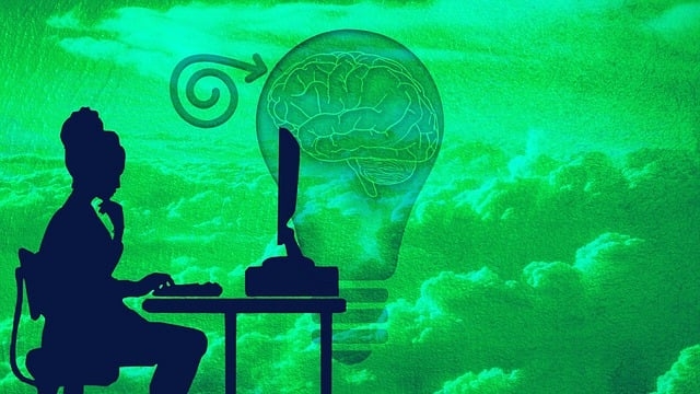 Woman at desk with lightbulb and brain floating