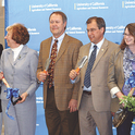 Tyler Babcock of MFDB Architects, Sen. Lois Wolk, with John Buckel of Capital Partners Development Company, Davis Mayor Joe Krovoza, UC Vice President for Agriculture And Natural Resources Barbara Allen-Diaz, and Sam Harrison of the Davis Indoor Sports Center at the UC Agriculture and Natural Resources facility groundbreaking.