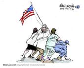 Cartoon of scientist, doctor, nurse, and first responder jointly raising a US flag.