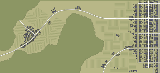 Diagram of houses clustered surrounded by large expanses of open space.