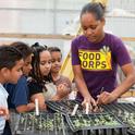 A previous FoodCorps service member working with garden seedlings in a greenhouse.