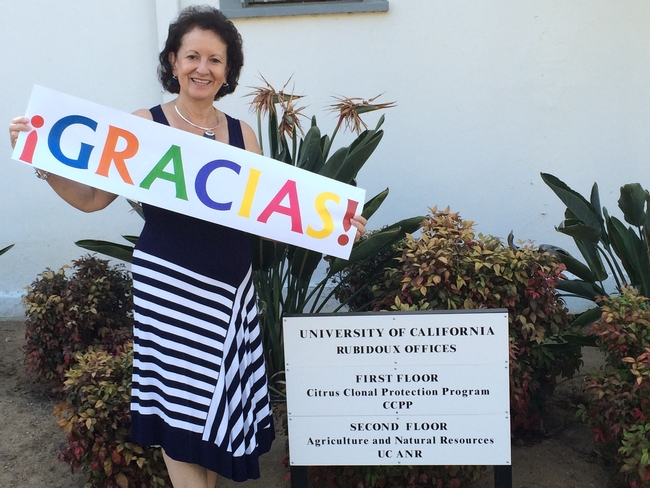 Myriam Grajales-Hall says 'thanks' to the University of California for a rewarding 34-year career.