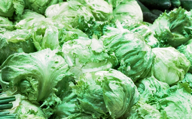 Iceberg lettuce in the produce section of a market.