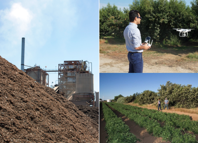 Three images are in a collage: forest biomass plant, Rachael Long talking to a male farmers beside a crop field and Ali Pourezza flying a drone in an orchard.