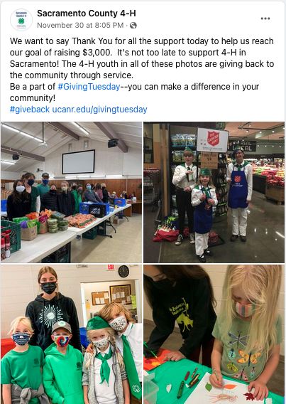 We want to say Thank You for all the support today to help us reach our goal of raising $3,000.  It's not too late to support 4-H in Sacramento! The 4-H youth in all of these photos are giving back to the community through service. Be a part of #GivingTuesday--you can make a difference in your community! #giveback ucanr.edu/givingtuesdayPHOTOS: Giving fresh produce, collecting donations for Salvation Army, four kids and a teen dressed in green and white 4-H sportswear and face masks, two girls drawing homemade Thanksgiving cards.