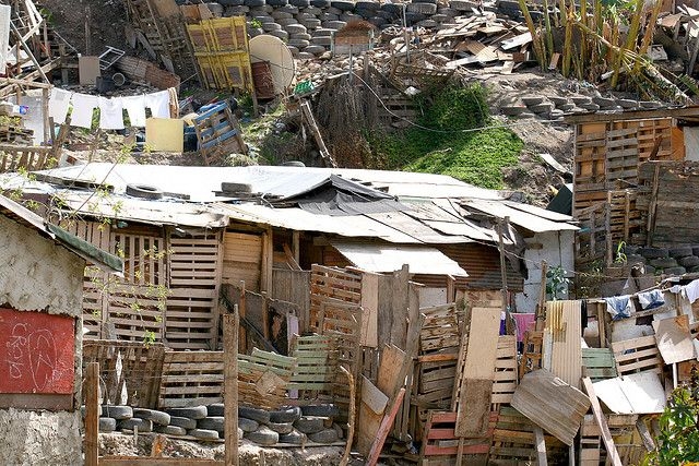 Shacks made of cardboard and wood pallets.