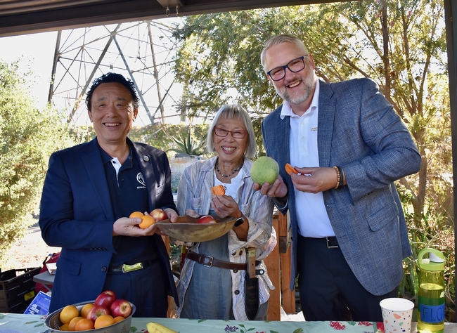 Three people holding apples and other tree fruit.