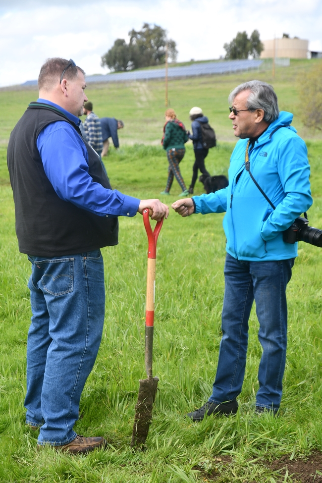 Monte Bottens and Jesse Sanchez in Paicines Ranch pasture as part of a field walk during the February 8 and 9 cover crop workshop