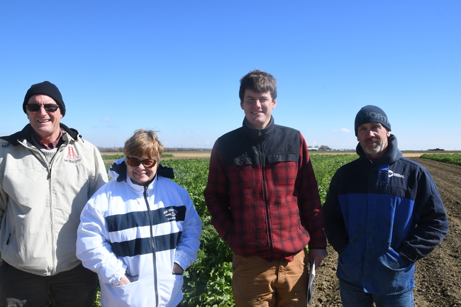 Marc Luff (second from right) and Ky Cooper (right) of Paicines Ranch along with Luff’s parents visiting the NRI Project field in Five Points, CA, February 22, 2019