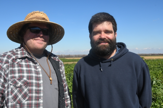 Brady Holder (right) and brother, Riley, visit CASI’s NRI Project field in Five Points, CA, February 22, 2019