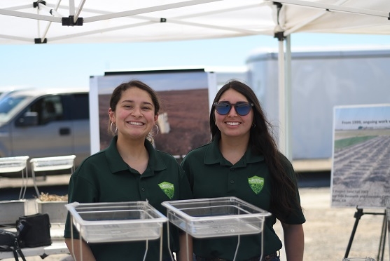 Lily Ruiz (l) and Sophia Garcia, Wonderful Company Summer 2019 Interns from Washington Union High School in Easton, CA at the soil health demonstration site of the July 15, 2019 UAV/Ag Tech Field Day at Bowles Farming in Los Banos, CA