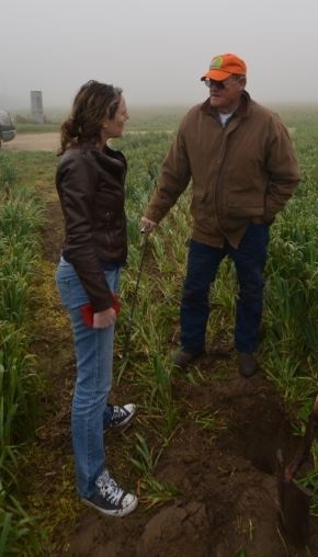 Dr. Amelie Gaudin (left) visiting the no-till dairy silage field of Turlock, CA farmer, Michael Crowell.