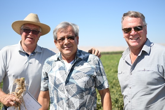 Mike Titley (left) and David Vernon (right) meeting Sano Farms’ Jesse Sanchez (center) in fresh market Sano Farms’ fresh market tomato field in Firebaugh, CA