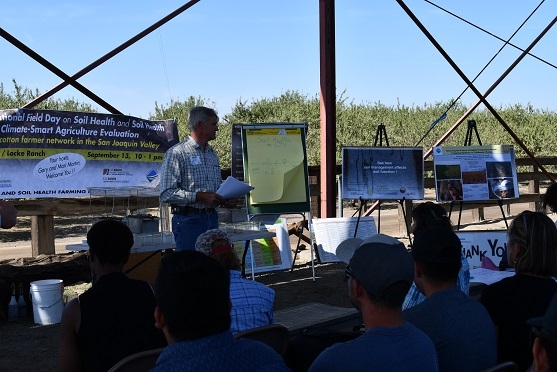 Gary Martin of Pikalok Ranch and Locke Farm in Mendota, CA sharing with farmer audience participants what their farm has been doing as part of the CDFA Healthy Soils Program project