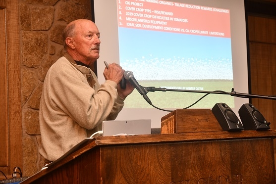 Scott Park of Meridian, CA addressing the ECOFARM workshop audience on minimizing soil disturbance in organic systems, January 24, 2020