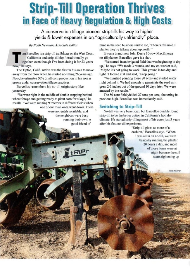 Recent article about Tom Barcellos in Strip-till Farmer magazine, Winter 2023 edition.