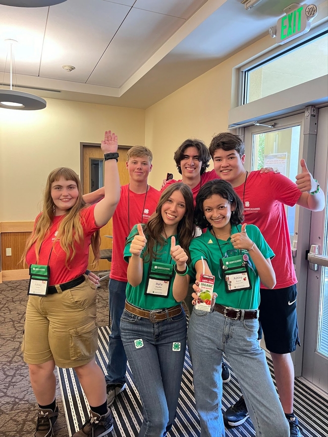 2 youth in green shirts give a thumbs up in front of 4 youth in red shirts.