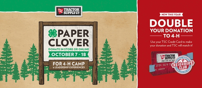 Tractor Supply Paper Clover October 7-18 for 4-H camp and leadership experiences