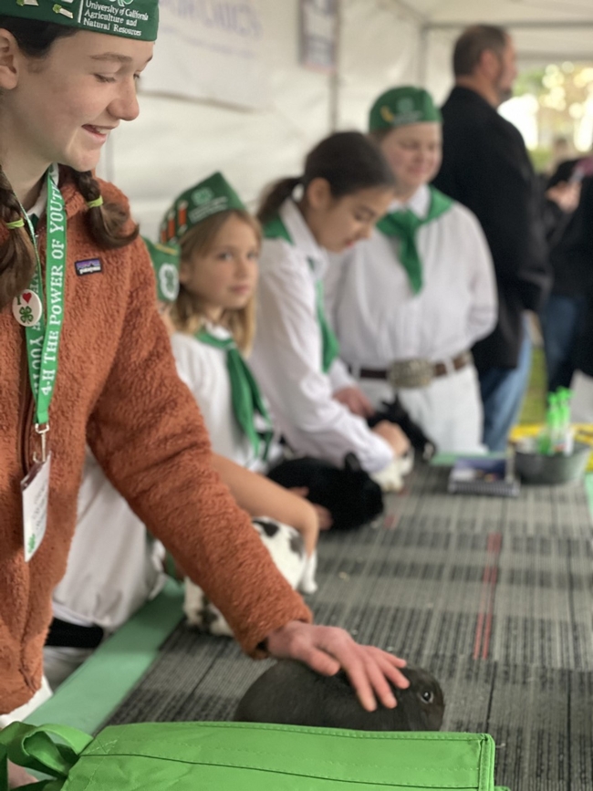 The image shows four 4-H'ers wearing their 4-H whites, standing at the 4-H booth. One member has their hand on a rabbit, showing a visitor.