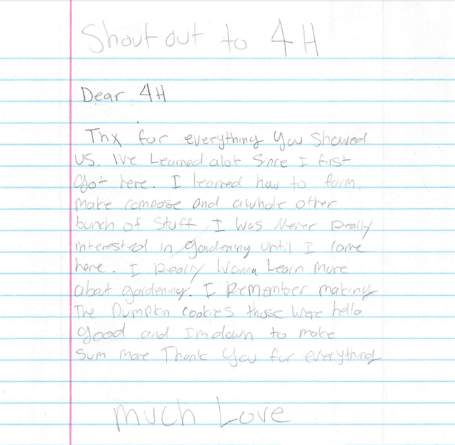 One of many letters Miller has received from participants in facility's 4-H youth development program.
