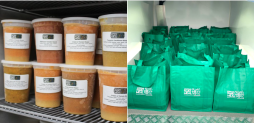 On left, plastic quart containers of soup. On the right, green cloth bags containing prepared meals.