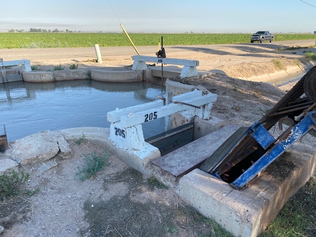 Gates are open, releasing water into an irrigation ditch running between a road and a crop field.