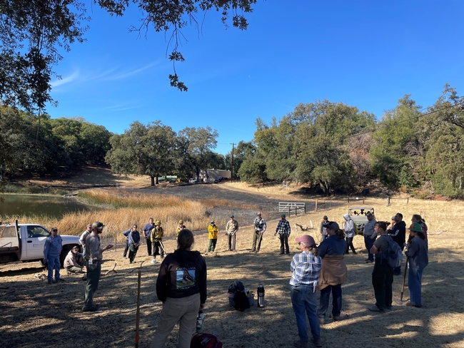 A group of people gather in a circle in the field.