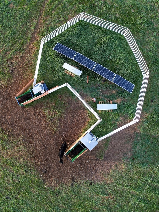 Overhead view of the machines that dispense the seaweed supplement and measure the grazing cattle's methane emissions