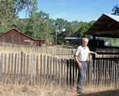 Bob Timm, shown next to sheep corrals, studied ways to prevent coyotes from preying on sheep.