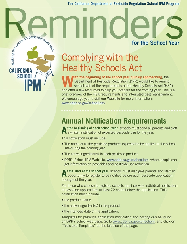 Reminders of what is required from schools in complying with the Healthy Schools Act.