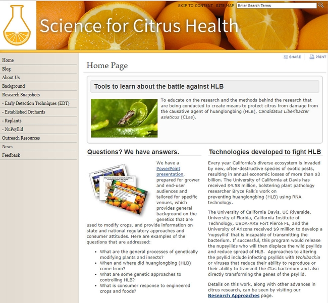 The new 'Science for Citrus Health' website can be found at http://ucanr.edu/sites/scienceforcitrushealth/