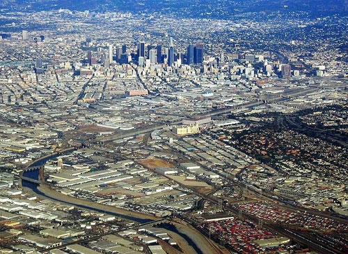 The Los Angeles River winds through urban metropolis.