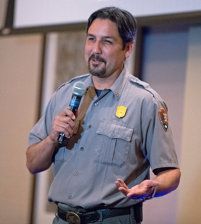 Tom Garcia, fire management officer with the Whiskeytown National Recreation Area spoke at the UC ANR Fire Summit. (Photo: Evett Kilmartin)