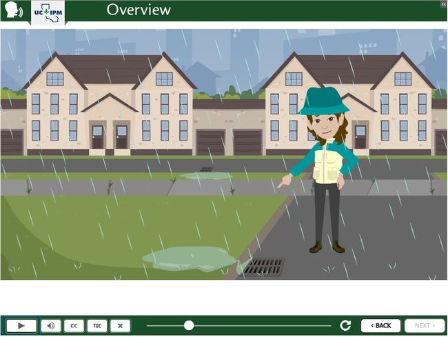 Screen shot from UC IPM's new online course showing animated character pointing to runoff from a lawn that enters storm drain.